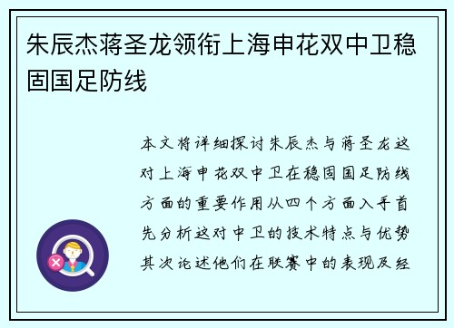 朱辰杰蒋圣龙领衔上海申花双中卫稳固国足防线